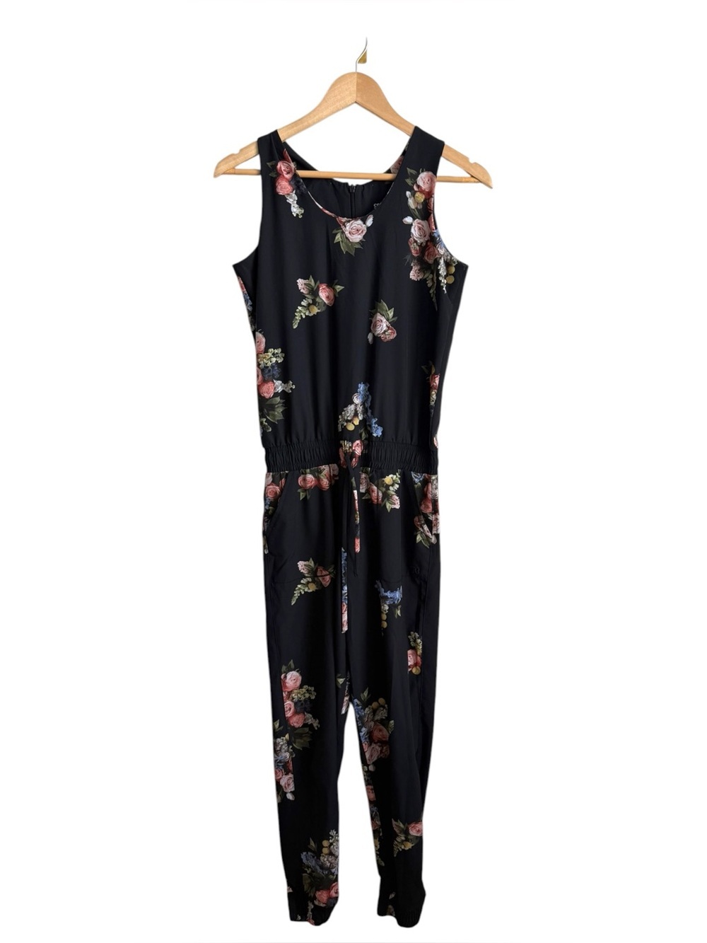 Albion Floral Sleeveless Jumpsuit Black Ankle Length Pockets Women's XS